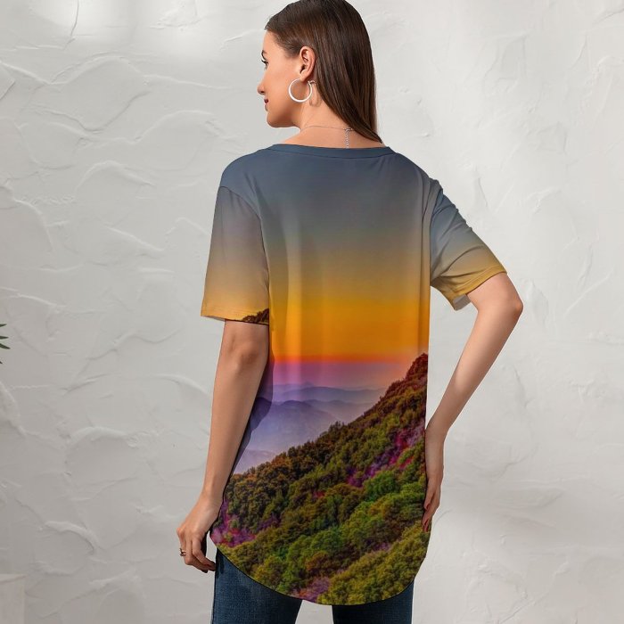 yanfind V Neck T-shirt for Women Sasha Freemind Sequoia National Park California United States Trees Colorful Sky Purple Summer Top  Short Sleeve Casual Loose