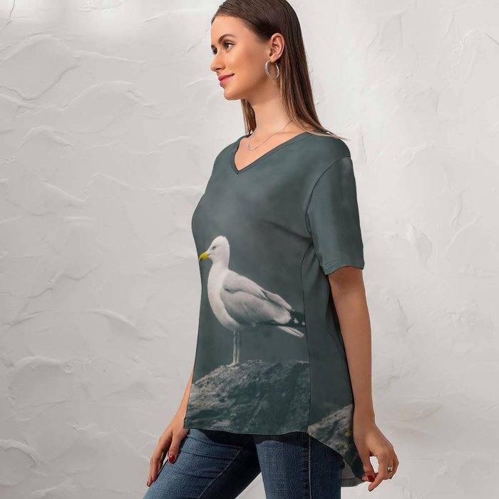 yanfind V Neck T-shirt for Women Shoreline Feathers Shore Seagull Wild Bill Wallpapers Sea Wildlife Stock Free Summer Top  Short Sleeve Casual Loose
