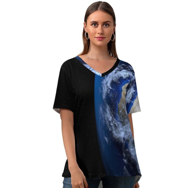 yanfind V Neck T-shirt for Women PIROD Space Black Dark Earth Planet Warming Summer Top  Short Sleeve Casual Loose