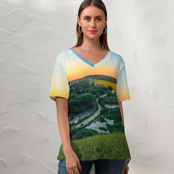 yanfind V Neck T-shirt for Women River Countryside Landscape Sunset Horizon Trees Grass Farmland Summer Top  Short Sleeve Casual Loose
