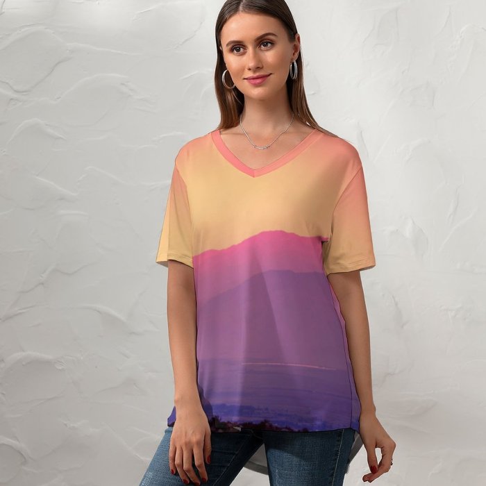 yanfind V Neck T-shirt for Women Romain Guy Sky Sunset Gradient Mountains Landscape Beautiful Scenery Clear Sky Summer Top  Short Sleeve Casual Loose