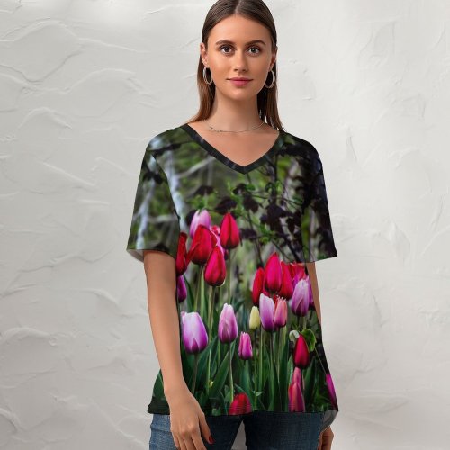 yanfind V Neck T-shirt for Women Ricardo Gomez Angel Flowers Tulip Flowers Multicolor Colorful Blossom Spring Plant Trees Summer Top  Short Sleeve Casual Loose