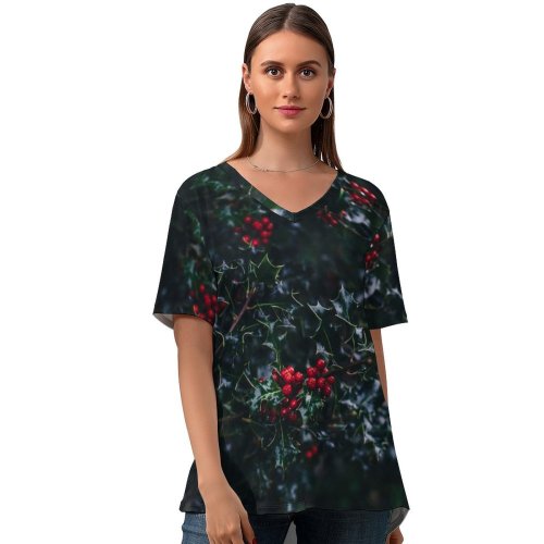 yanfind V Neck T-shirt for Women Yew Bush Christmas Flora HQ Xmas Wallpapers Plant Tree Winter Pictures Summer Top  Short Sleeve Casual Loose