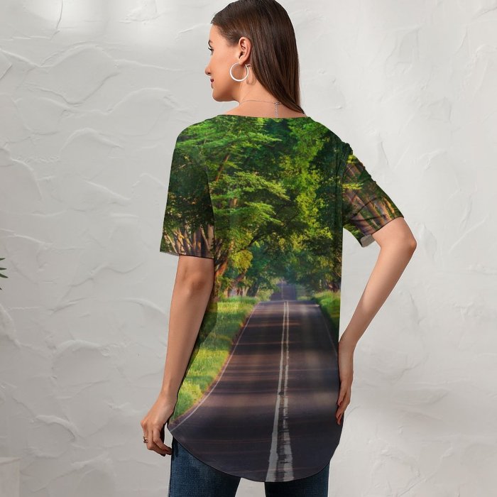yanfind V Neck T-shirt for Women Sven Muller Blandford Road Empty Road Trees Landscape Woods Greenery Scenery Summer Top  Short Sleeve Casual Loose