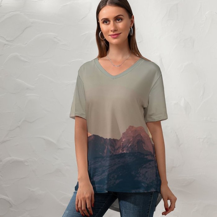 yanfind V Neck T-shirt for Women Olivier Miche Mountains Moon Scenic France Summer Top  Short Sleeve Casual Loose