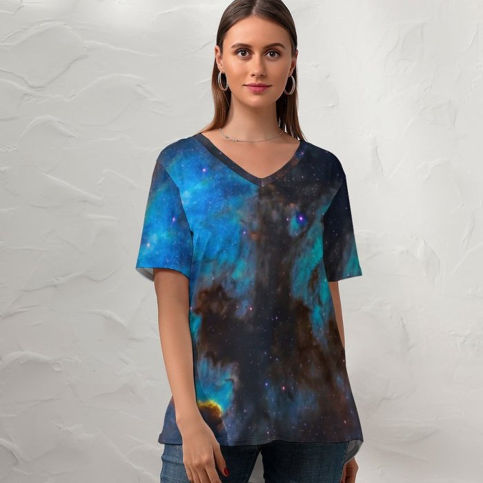 yanfind V Neck T-shirt for Women Space Pelican Nebula Cygnus Galaxy Astronomy Stars Cosmic Summer Top  Short Sleeve Casual Loose