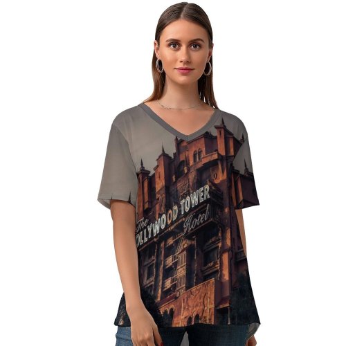 yanfind V Neck T-shirt for Women Creepy Building Buena Mansion Wallpapers Halloween Lake Architecture Happy Spooky States Summer Top  Short Sleeve Casual Loose