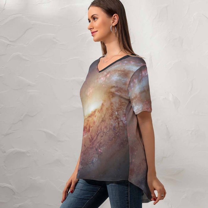 yanfind V Neck T-shirt for Women Space Spiral Galaxy Messier Constellation Nebula Stars Astronomy Cosmos Summer Top  Short Sleeve Casual Loose