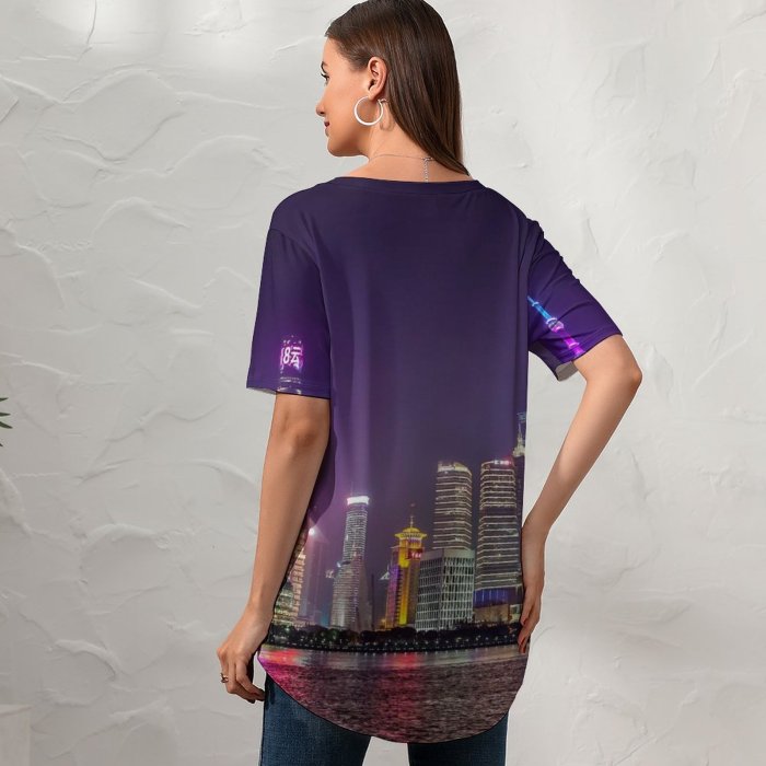 yanfind V Neck T-shirt for Women Shanghai City Reflection Skyscrapers Night Life Cityscape Lights Architecture Summer Top  Short Sleeve Casual Loose