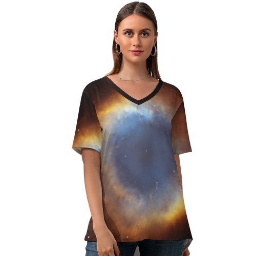 yanfind V Neck T-shirt for Women Space Black Dark Helix Nebula Constellation Aquarius Galaxy Astronomy Stars Dark Eye Summer Top  Short Sleeve Casual Loose
