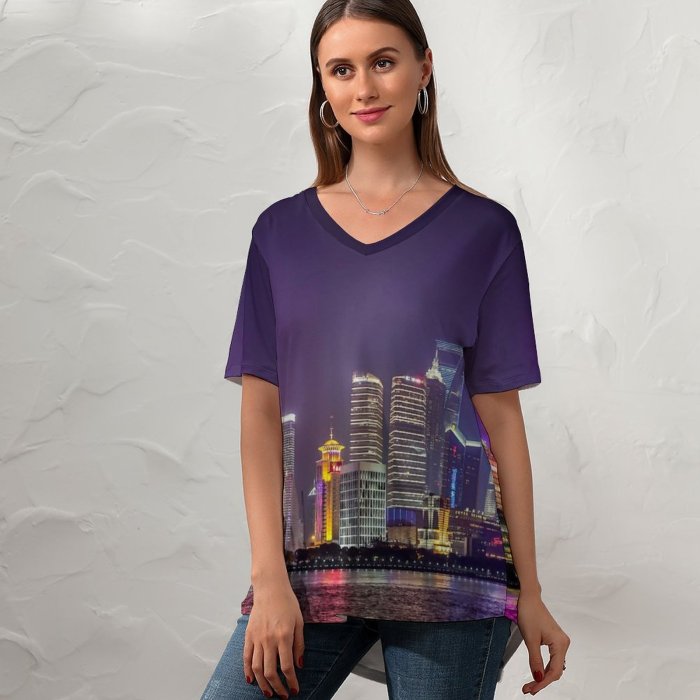 yanfind V Neck T-shirt for Women Shanghai City Reflection Skyscrapers Night Life Cityscape Lights Architecture Summer Top  Short Sleeve Casual Loose