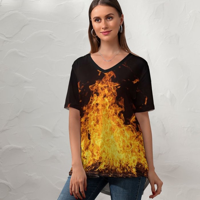 yanfind V Neck T-shirt for Women Ricardo Gomez Angel Black Dark Bonfire Dark Flames Night Summer Top  Short Sleeve Casual Loose