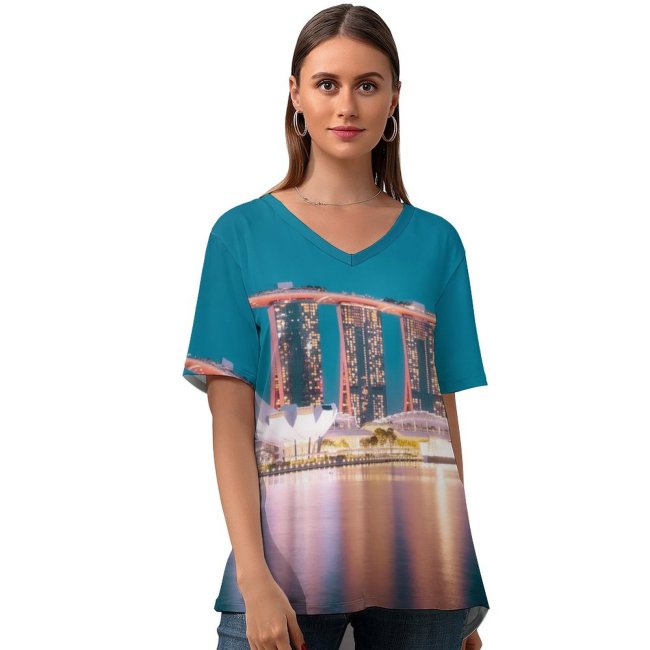 yanfind V Neck T-shirt for Women Pang Yuhao Marina Bay Sands Singapore Hour Night Life City Lights Reflection Summer Top  Short Sleeve Casual Loose