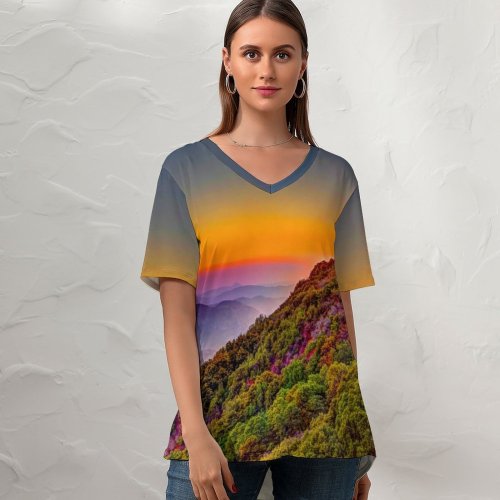 yanfind V Neck T-shirt for Women Sasha Freemind Sequoia National Park California United States Trees Colorful Sky Purple Summer Top  Short Sleeve Casual Loose