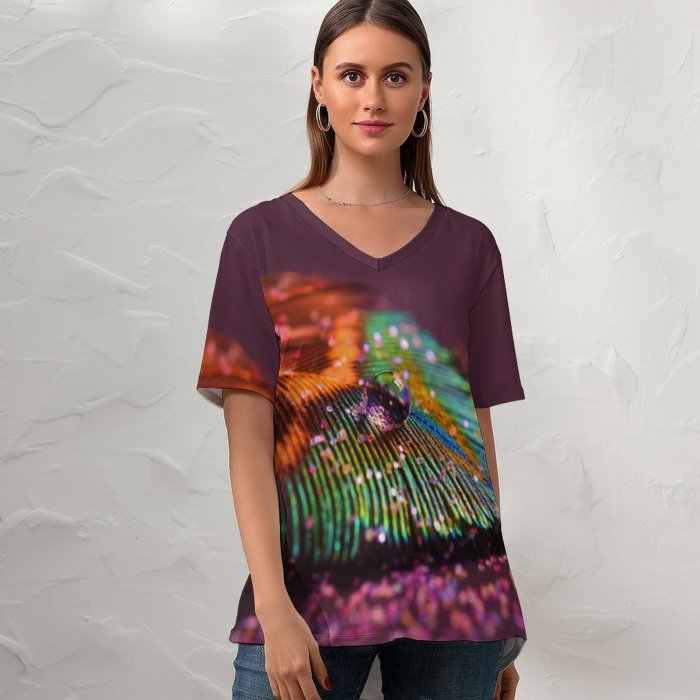 yanfind V Neck T-shirt for Women Richard Mohler Peacock Feather Drop Selective Focus Macro Blur Summer Top  Short Sleeve Casual Loose