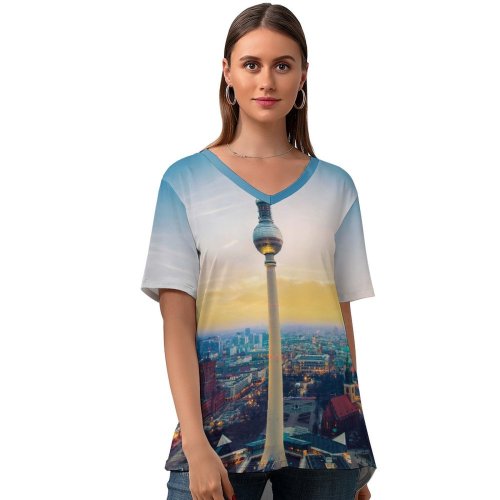 yanfind V Neck T-shirt for Women Nicolas Kamp Berlin TV Tower Berliner Fernsehturm Landmark Sunset Cityscape City Lights Summer Top  Short Sleeve Casual Loose