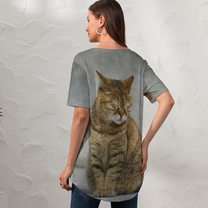 yanfind V Neck T-shirt for Women Lovely Pretty Pet Manx Wallpapers Abyssinian Beauty Sweet Tabby Pictures Sleep Summer Top  Short Sleeve Casual Loose
