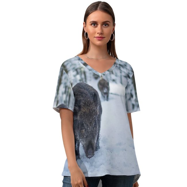 yanfind V Neck T-shirt for Women Hog Wildlife Wallpapers Grey Pictures Pig Dog Boar Pet Bear Free Summer Top  Short Sleeve Casual Loose