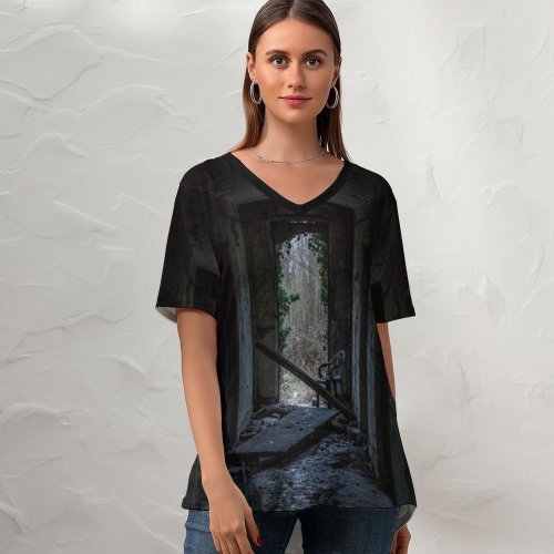yanfind V Neck T-shirt for Women Tags Urbex Night Dungeon Darkness Wallpapers Horror Outdoors Corridor Old Dark Summer Top  Short Sleeve Casual Loose