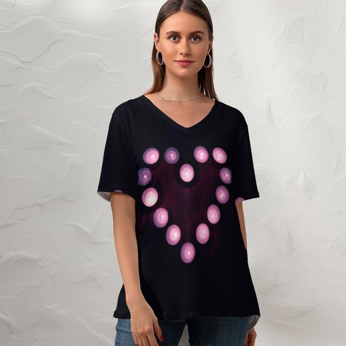 yanfind V Neck T-shirt for Women Sharon McCutcheon Black Dark Love Love Heart Candle Lights Heart Tea Light Summer Top  Short Sleeve Casual Loose