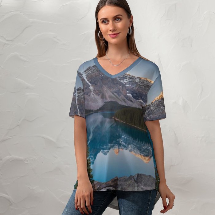 yanfind V Neck T-shirt for Women Sven Muller Moraine Lake Landscape Sunrise Mountains Summer Top  Short Sleeve Casual Loose