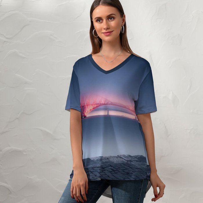 yanfind V Neck T-shirt for Women Otto Berkeley Architecture Forth Bridge United Kingdom UNESCO Heritage Queensferry Sunset River Summer Top  Short Sleeve Casual Loose