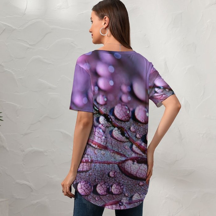 yanfind V Neck T-shirt for Women Purple Leaf Dew Drops Macro Droplets Summer Top  Short Sleeve Casual Loose