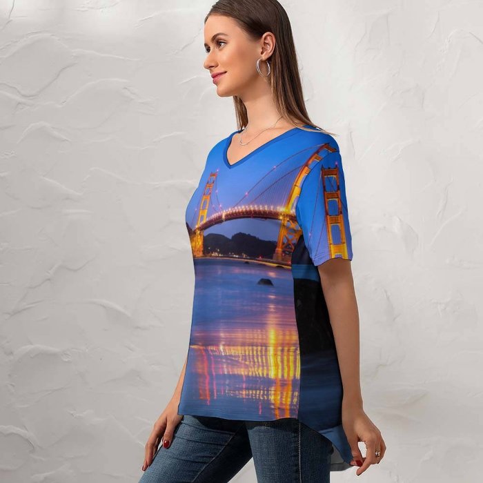 yanfind V Neck T-shirt for Women Romain Guy Golden Gate Bridge Reflection Night Lights Sky Clear Sky Landscape Summer Top  Short Sleeve Casual Loose