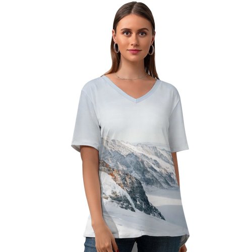 yanfind V Neck T-shirt for Women Landscape Public Lauterbrunnen Snow Wallpapers Mountain Outdoors Rock Winter Glow Pictures Summer Top  Short Sleeve Casual Loose