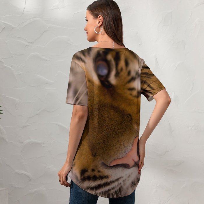 yanfind V Neck T-shirt for Women Skitterphoto Tiger Face Closeup Wild Predator Carnivore Big Cat Portrait Summer Top  Short Sleeve Casual Loose