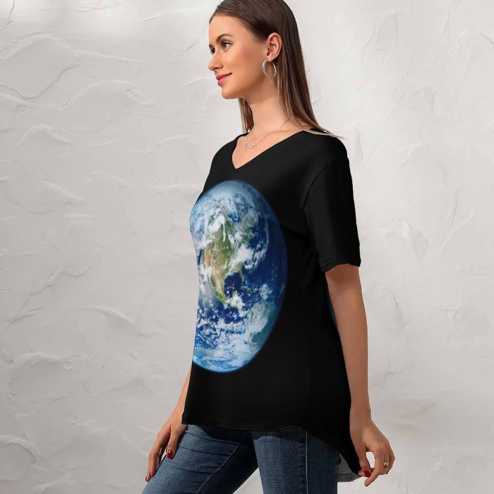 yanfind V Neck T-shirt for Women Space Earth IOS Summer Top  Short Sleeve Casual Loose