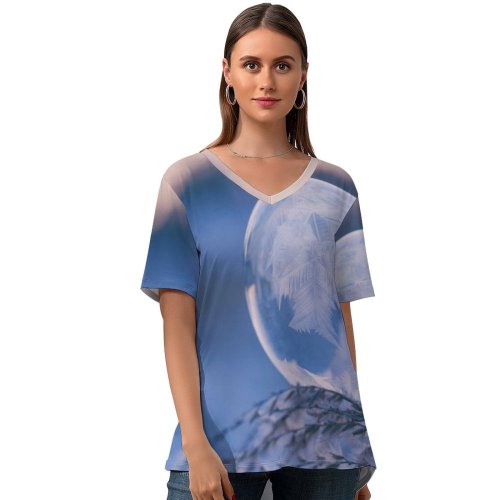 yanfind V Neck T-shirt for Women Glass Christmas Texture Frost Wallpapers Free Frozenbubble Ball Bubble Winter Pictures Summer Top  Short Sleeve Casual Loose