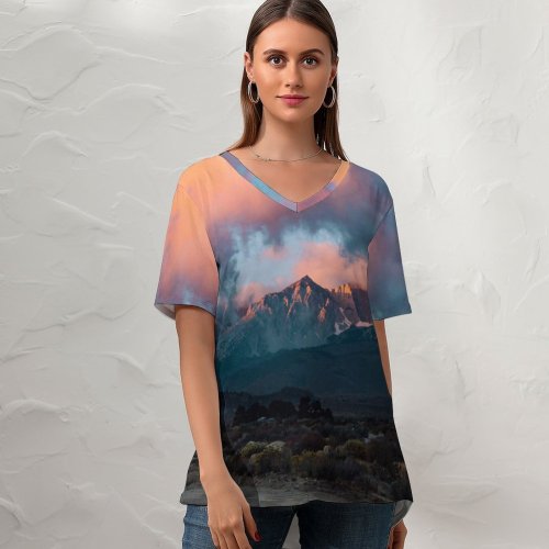 yanfind V Neck T-shirt for Women Twilight Journey Buttermilk Landscape Sky Bishop Wallpapers Mountain Outdoors Peaks States Summer Top  Short Sleeve Casual Loose