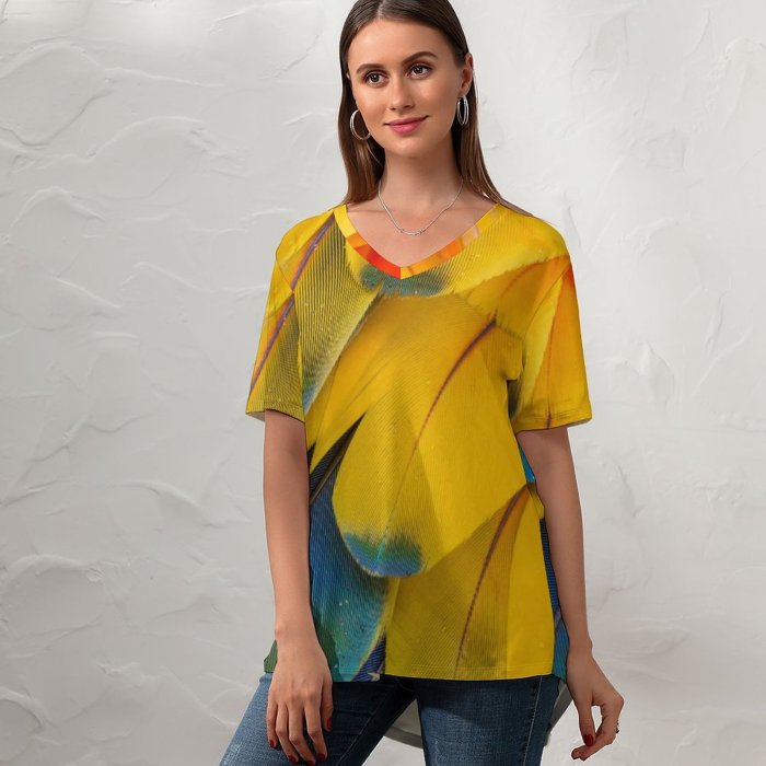 yanfind V Neck T-shirt for Women Zdeněk Macháček Abstract Macaw Feathers Multicolor Colorful Closeup Macro Drops Texture Scarlet Summer Top  Short Sleeve Casual Loose