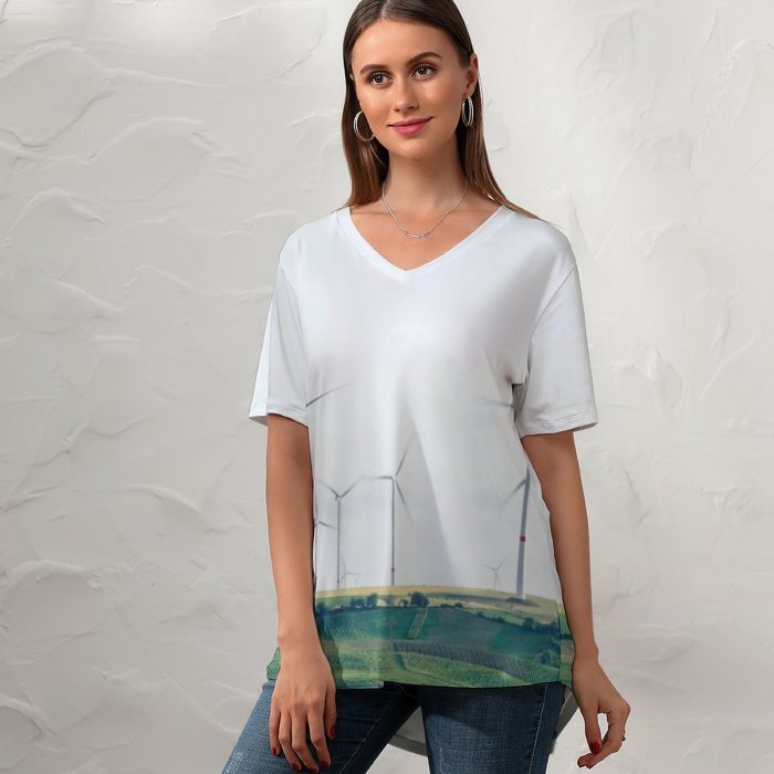 yanfind V Neck T-shirt for Women Engine Mölsheim Landscape Power Turbine Energy Generated Wind Environmental Pictures Generate Summer Top  Short Sleeve Casual Loose
