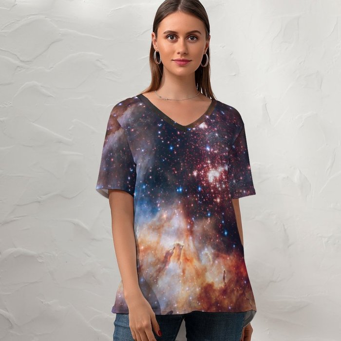 yanfind V Neck T-shirt for Women Space Westerlund Celestial Fireworks Star Cluster Constellation Astronomy Galaxy Milky Way Burning Summer Top  Short Sleeve Casual Loose