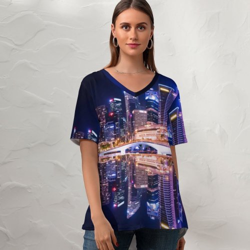 yanfind V Neck T-shirt for Women Pang Yuhao City Singapore Skyscrapers Modern Architecture Reflection Symmetrical Cityscape Nighttime City Summer Top  Short Sleeve Casual Loose