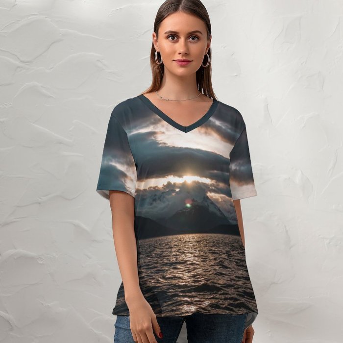 yanfind V Neck T-shirt for Women Open Ocean Ripple Landscape Public Sky Juneau Wallpapers Sea Outdoors States Summer Top  Short Sleeve Casual Loose
