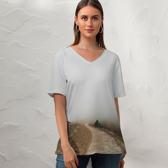 yanfind V Neck T-shirt for Women Turó Del Path Fog Muddy Spain Trail Mist Landscape Hilly Barcelona Summer Top  Short Sleeve Casual Loose