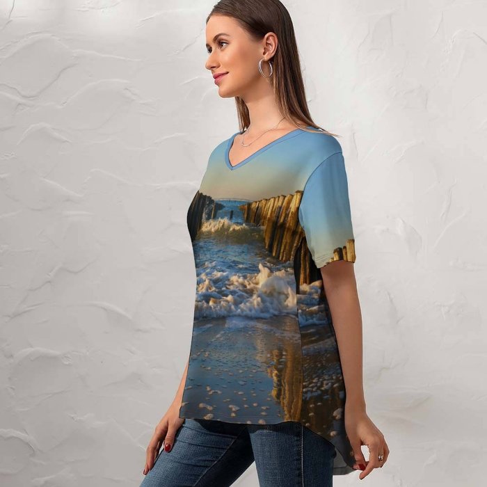 yanfind V Neck T-shirt for Women Carsten Heyer Breskens Beach Holland Netherlands Breakwaters Sea Ocean Waves Seascape Woods Summer Top  Short Sleeve Casual Loose
