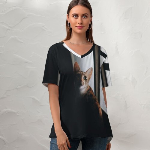yanfind V Neck T-shirt for Women Lovely Gatinhos Pet Manx Public Wallpapers Decor Abyssinian Gold Pictures Exposição Summer Top  Short Sleeve Casual Loose
