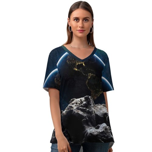 yanfind V Neck T-shirt for Women Space Earth Moon Sun Solar System Asteroids Summer Top  Short Sleeve Casual Loose