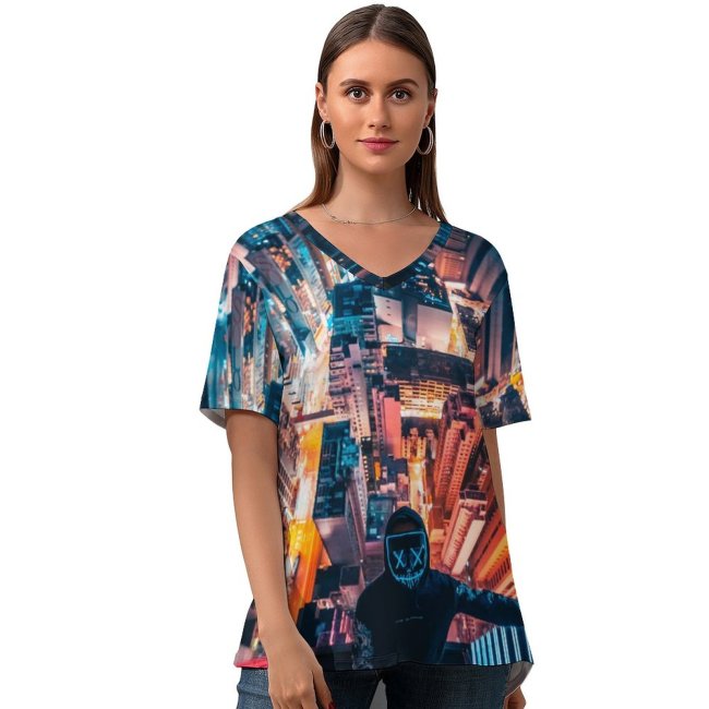 yanfind V Neck T-shirt for Women Simon Zhu Hong Kong City Neon Rooftop Cityscape Nightscape Persons City Lights Summer Top  Short Sleeve Casual Loose