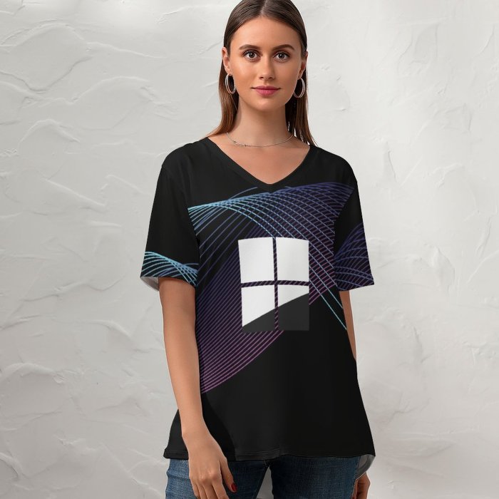 yanfind V Neck T-shirt for Women Zarif Technology Black Dark Microsoft Windows Minimal Waves Dark Purple Summer Top  Short Sleeve Casual Loose