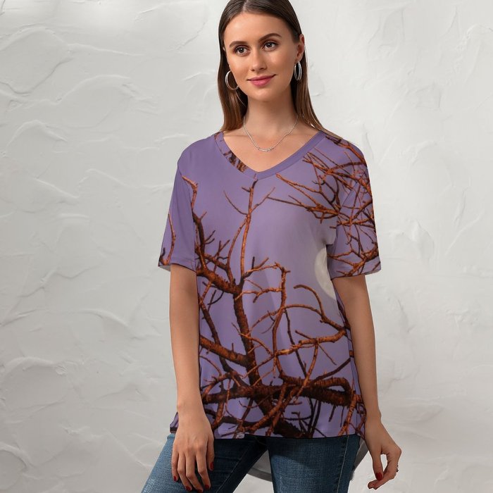 yanfind V Neck T-shirt for Women Robbie Shade Twilight Moon Night Tree Branches Sky Summer Top  Short Sleeve Casual Loose