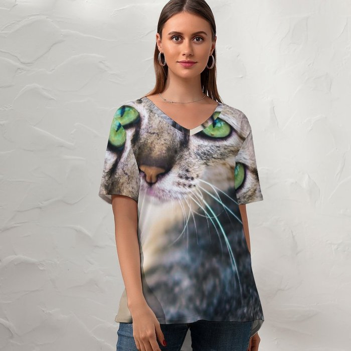 yanfind V Neck T-shirt for Women Lovely Penh Shoot Abyssinian Pictures Pet Kitten PNG Phnom Cambodia Cat Summer Top  Short Sleeve Casual Loose