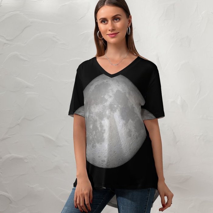 yanfind V Neck T-shirt for Women Space Black Dark Moon IOS Summer Top  Short Sleeve Casual Loose