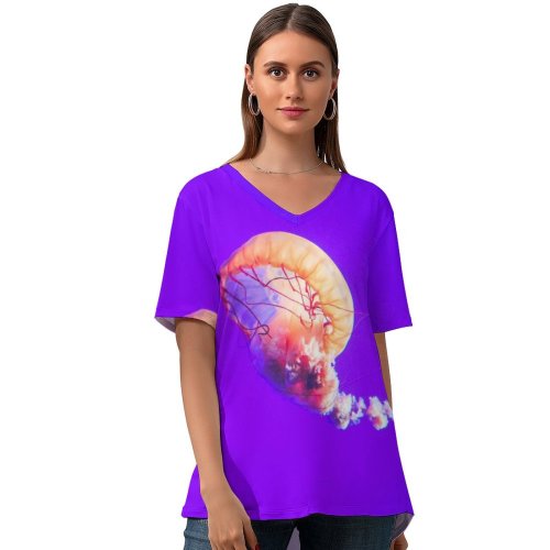 yanfind V Neck T-shirt for Women Pathum Danthanarayana Jellyfish Purple Sea Life Underwater Aquarium Summer Top  Short Sleeve Casual Loose