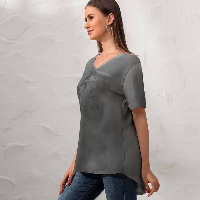 yanfind V Neck T-shirt for Women Creepy Fog Mist Cabin Wallpapers Horror Outdoors Tree Evening Free Mayrhofen Summer Top  Short Sleeve Casual Loose