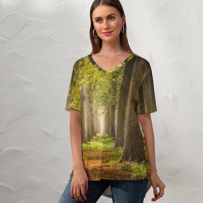 yanfind V Neck T-shirt for Women Skitterphoto Woodland Forest Trees Road Fallen Leaves Greenery Woods Sunshine Pathway Scenery Summer Top  Short Sleeve Casual Loose